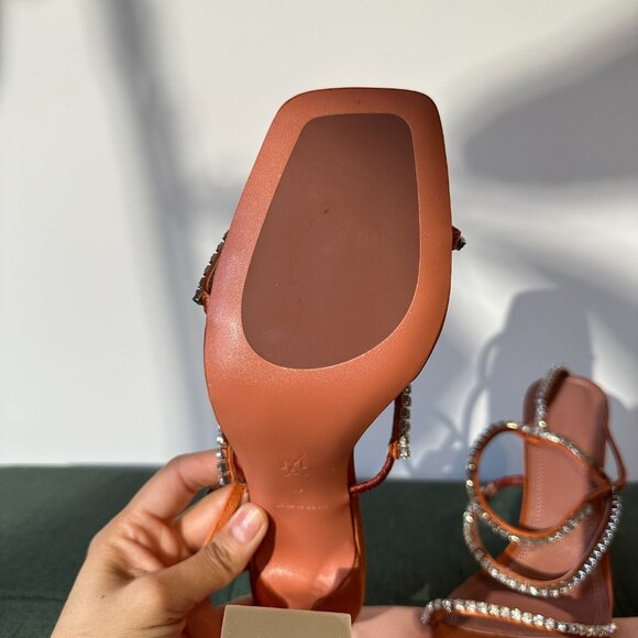 Amina Muaddi Gilda Embellished Ankle Strap Sandal Heels in Orange Satin - Picture 3 of 6